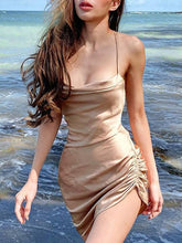 Women's Holiday Dress Sheath Dress Mini Dress Black Light Green Light Brown Sleeveless Pure Color Ruched Spring Summer Halter Neck Hot Slim  S M L XL